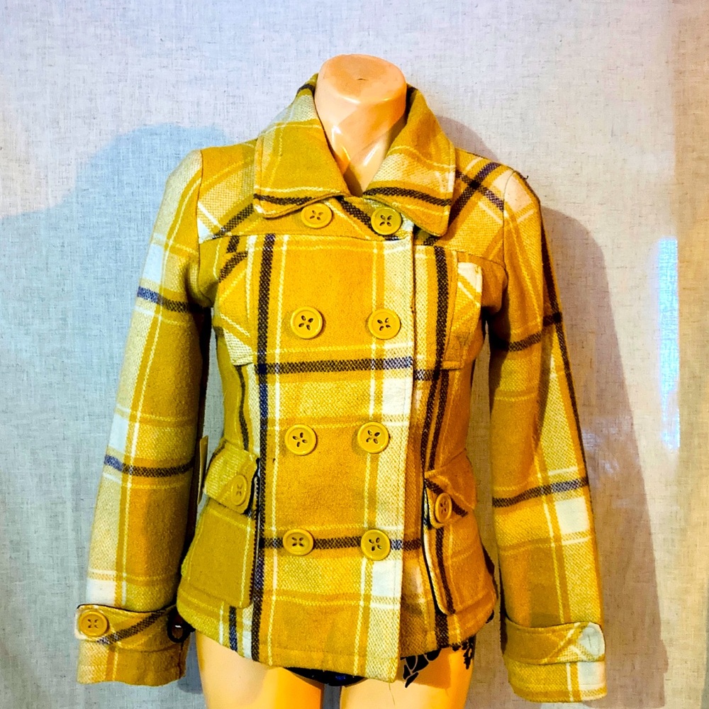 Rue 21 yellow/purple plaid peacoat